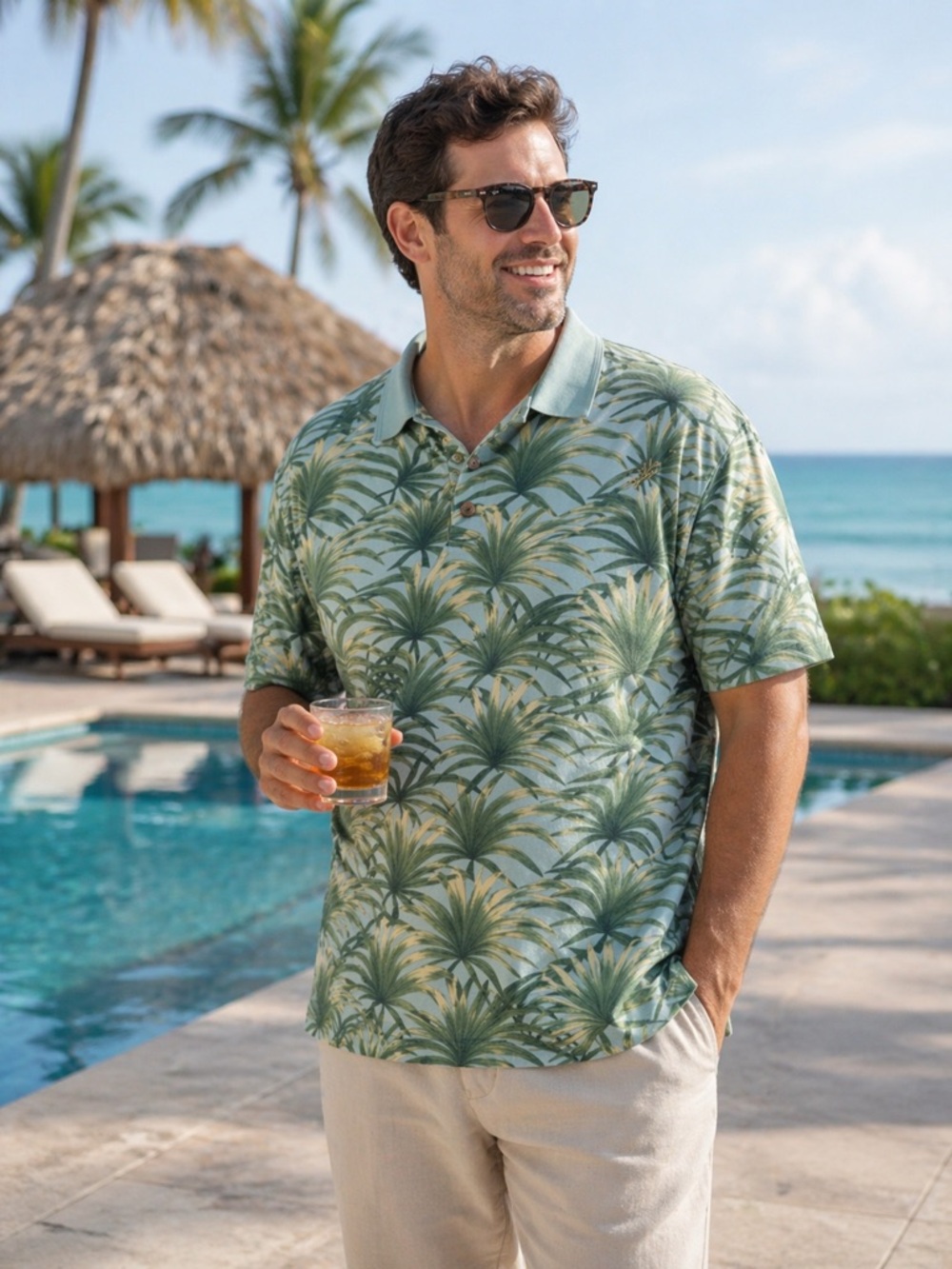 Tommy Bahama Silk Blend Palm Print Polo Shirt XXL Tropical Coconut Buttons
